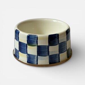 MacKenzie Childs Royal Check Medium Pet Dish Blue White Enamel Dog Bowl